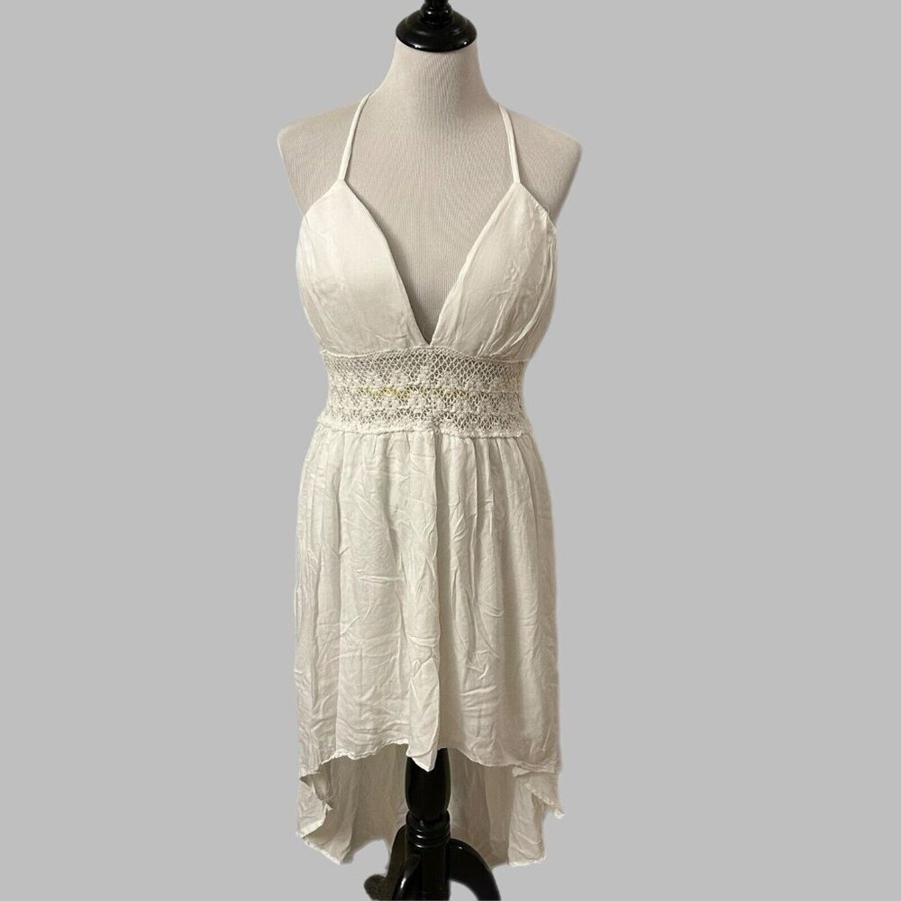 Jolie & Joy Dress Size 1X White Halter Crochet Cutout Middle Hi-Low Lined Zipper